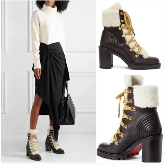 Christian Louboutin Black Calfskin Shearling Yetita 70 Combat Hiker Boots - Picture 2 of 16